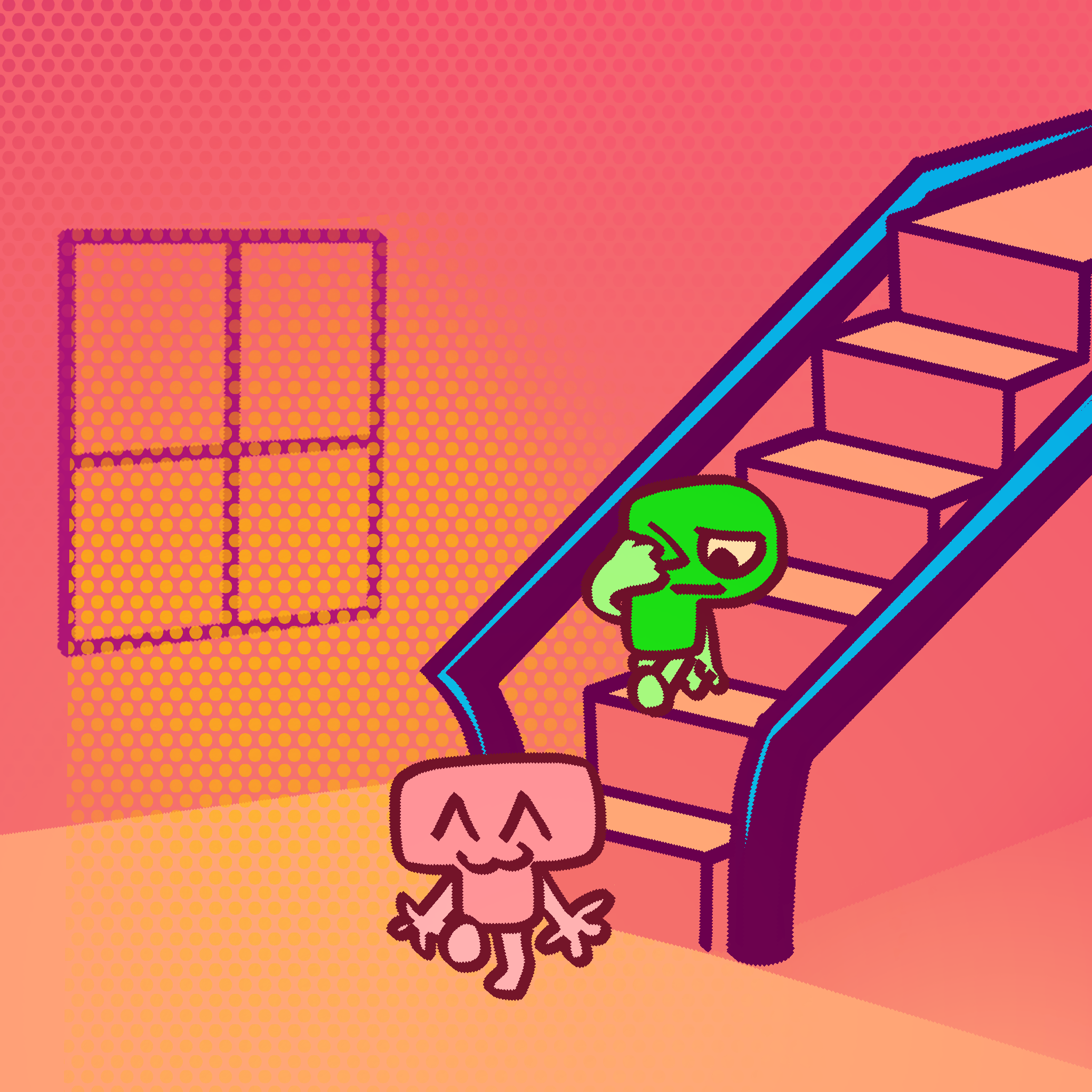 The two of them make their way down the stairs. T is rather peppy, whereas P looks tired.