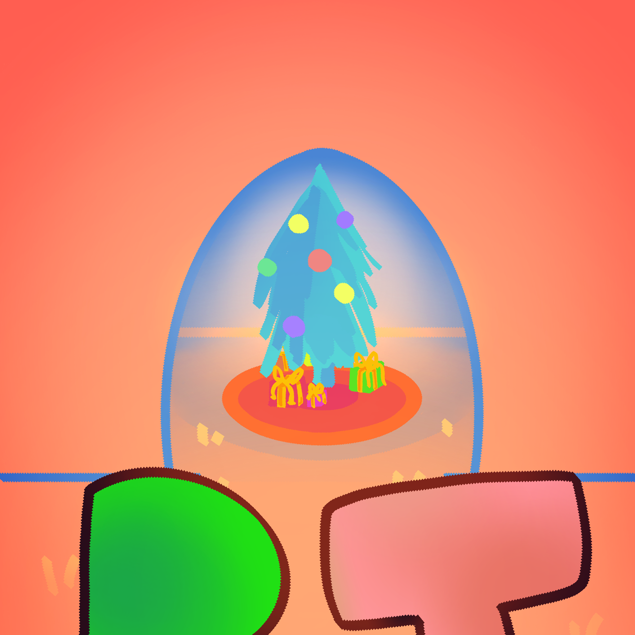 They witness a bluish-green Christmas tree past the arced entrance of a room, presents residing underneath it.