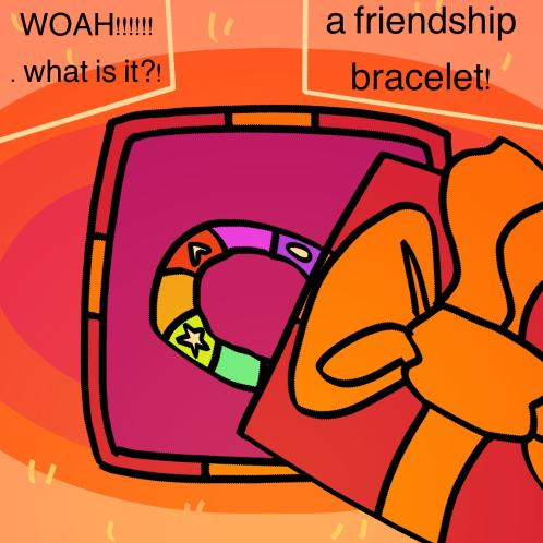 T opens the gift for P, a multi-colored bracelet with geometric shapes on it resides in it. P begins speaking: WOAH! What is it?! T responds by saying it's a friendship bracelet.